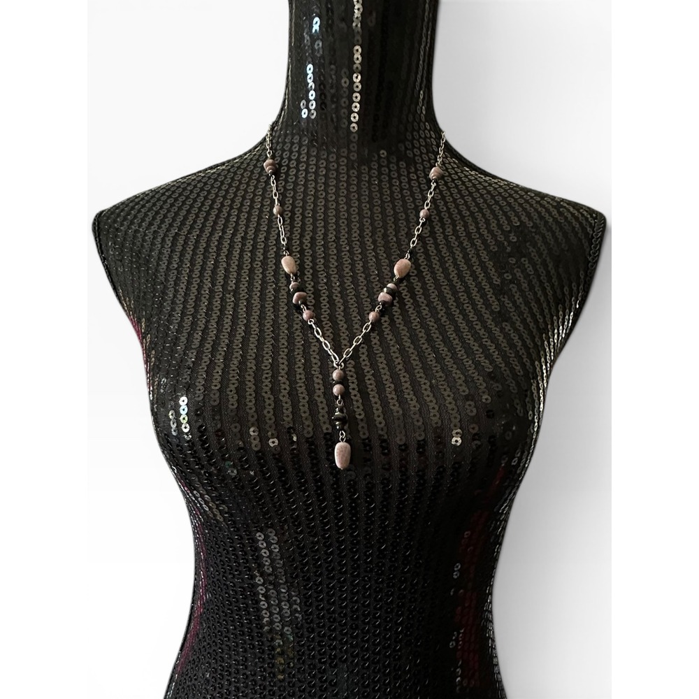 Y Drop Lariat Necklace Women 25in Mauve Black Stone Silver Tone Chain - Picture 5 of 7